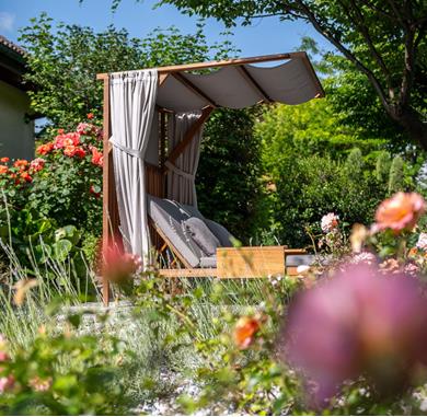 A sunlounger in the rose garden